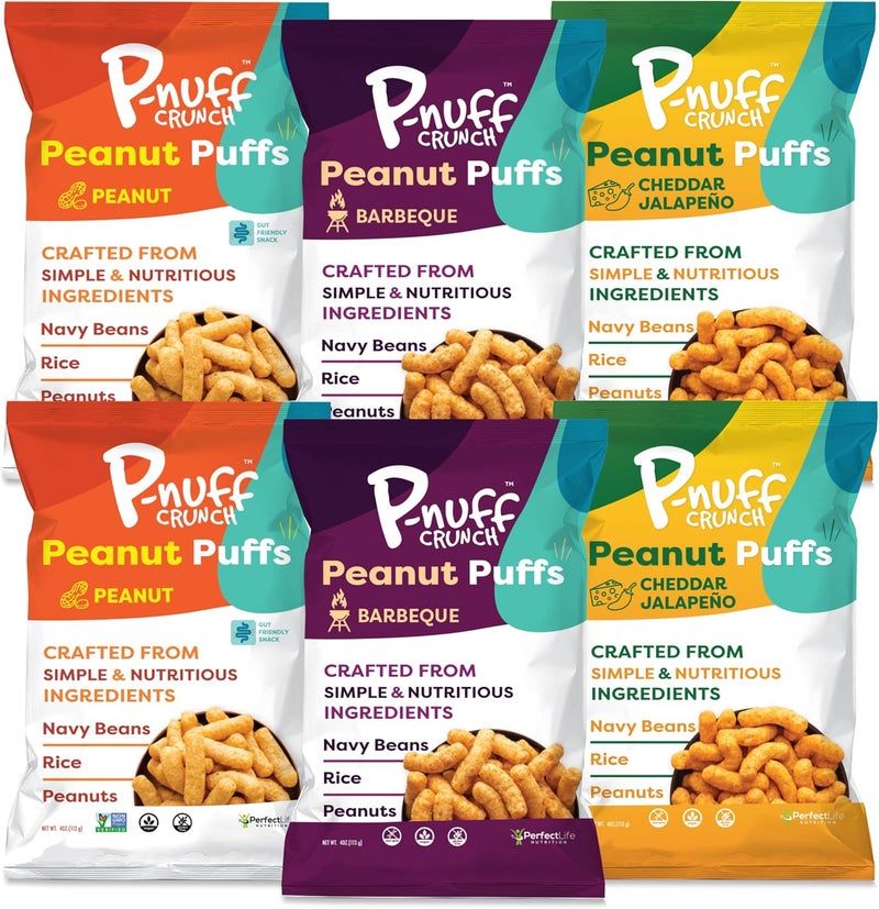 Pnuff P-nuff Crunch Peanut Puffs Savory Variety Pack - Healthy Snacks, Keto, Gluten Free, 20g Vegan Protein per Bag, 4oz Bag, 6-Pack - Image 1